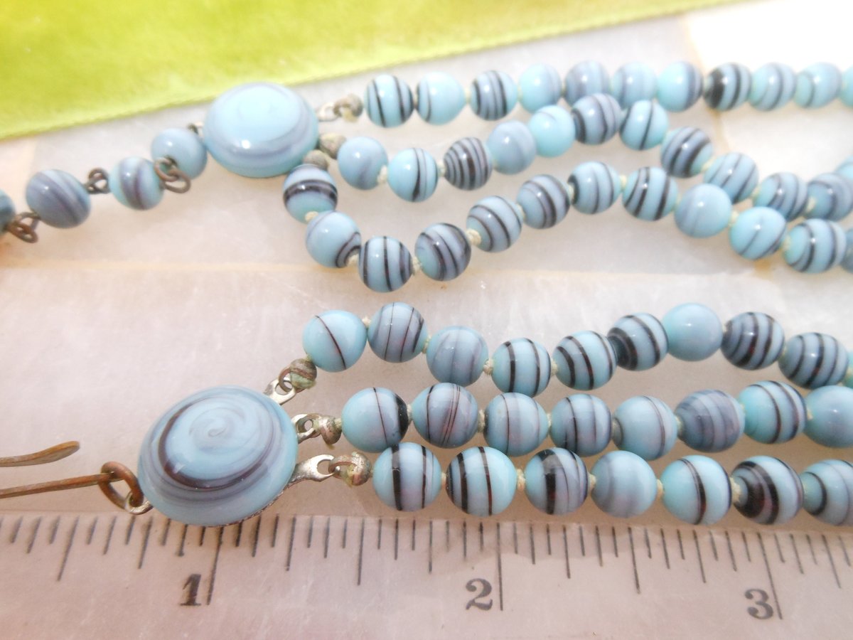 Vintage Glass Bead Necklace Earring Set Art Glass Blue Black Deco Demi Parure Three Strand Jewelry Mid Century, VivianJoel.com
