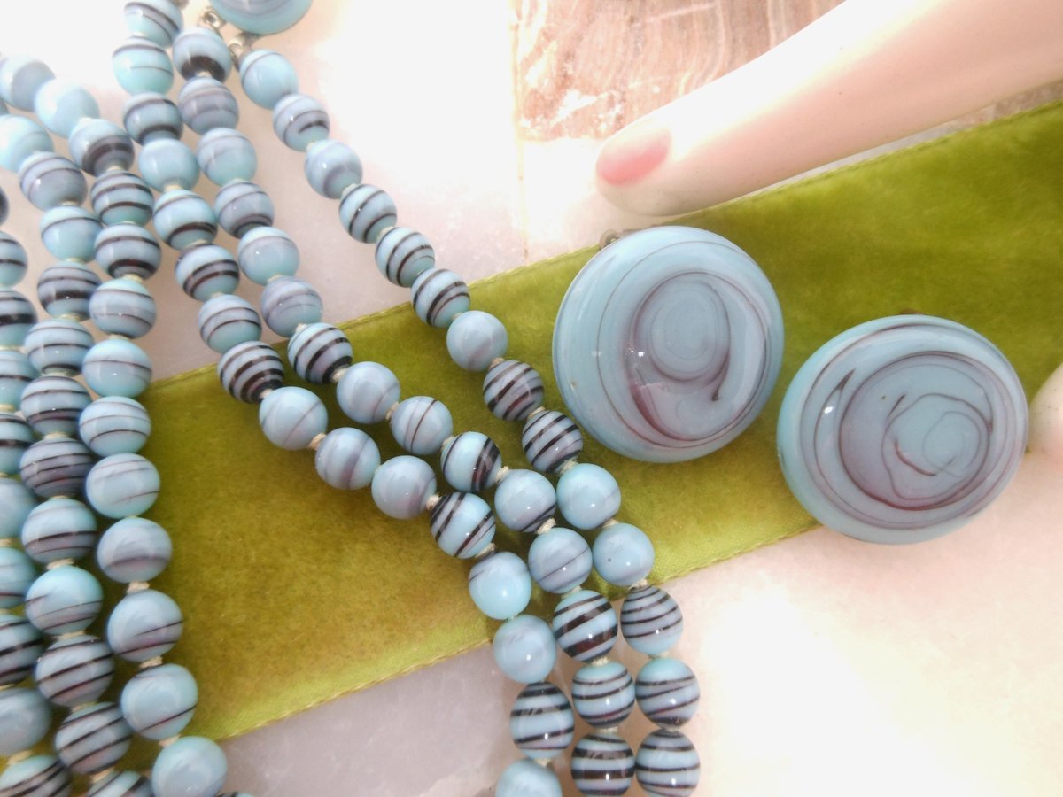 Vintage Glass Bead Necklace Earring Set Art Glass Blue Black Deco Demi Parure Three Strand Jewelry Mid Century, VivianJoel.com