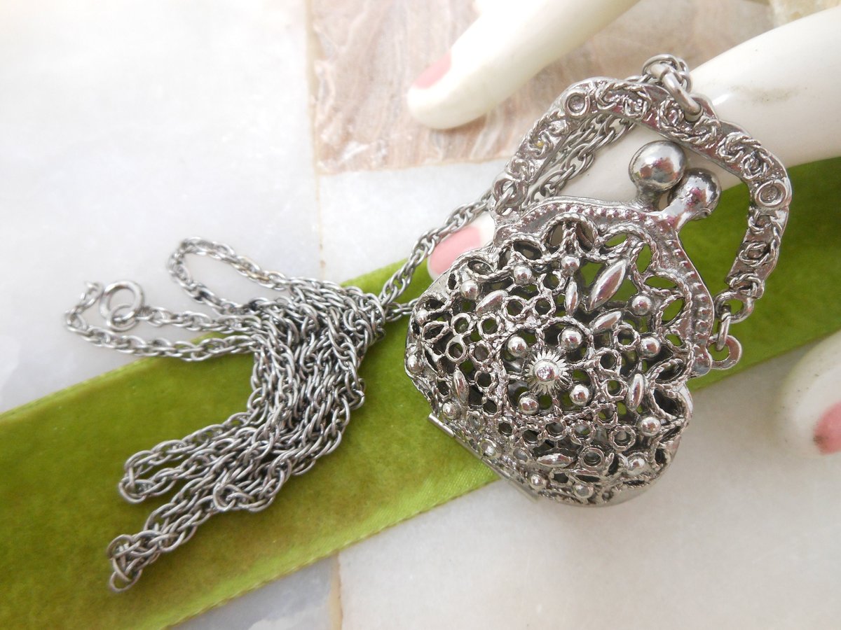 Vintage ART Designer Signed Necklace Purse Locket Trinket Box Ornate Victorian Revival Jewelry Mid Century, VivianJoel.com