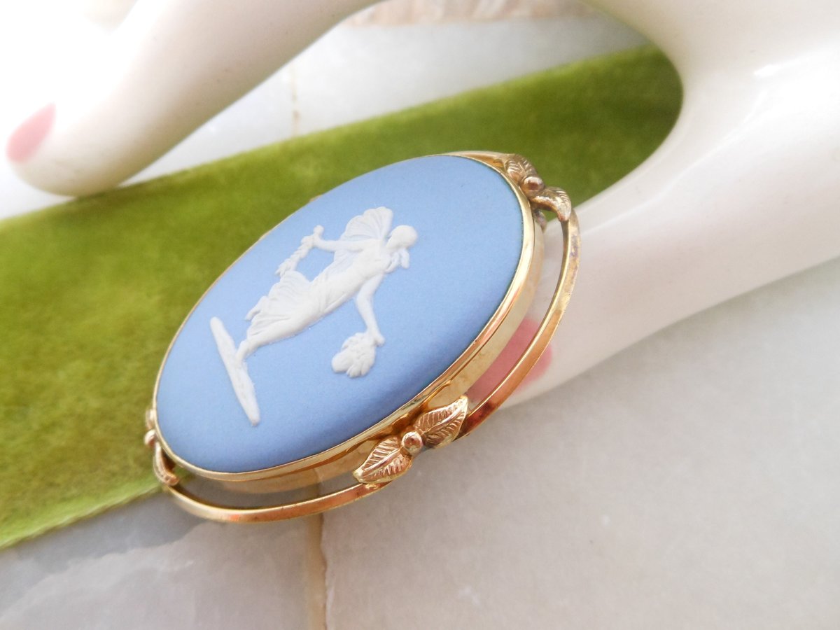 Vintage Van Dell WEDGEWOOD Cameo Brooch Gold Fill Pin GF Pendant Jasperware Blue Designer MCM Jewelry Gift,  VivianJoel.com