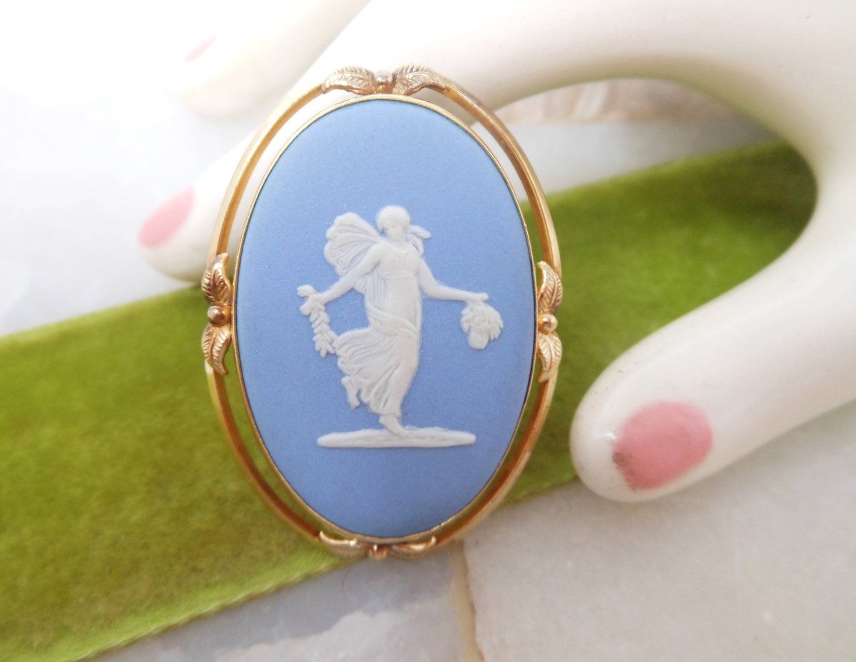 Vintage Van Dell WEDGEWOOD Cameo Brooch Gold Fill Pin GF Pendant Jasperware Blue Designer MCM Jewelry Gift,  VivianJoel.com