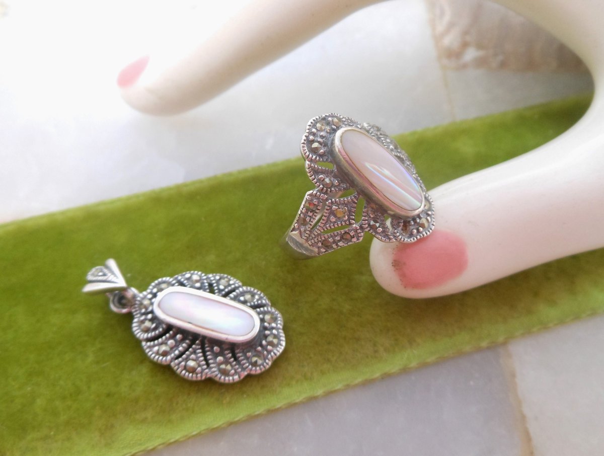 Vintage STERLING SILVER Marcasite Ring Pendant Blush Pink Mother of Pearl SET 925 Jewelry Gift Size 7, VivianJoel.com