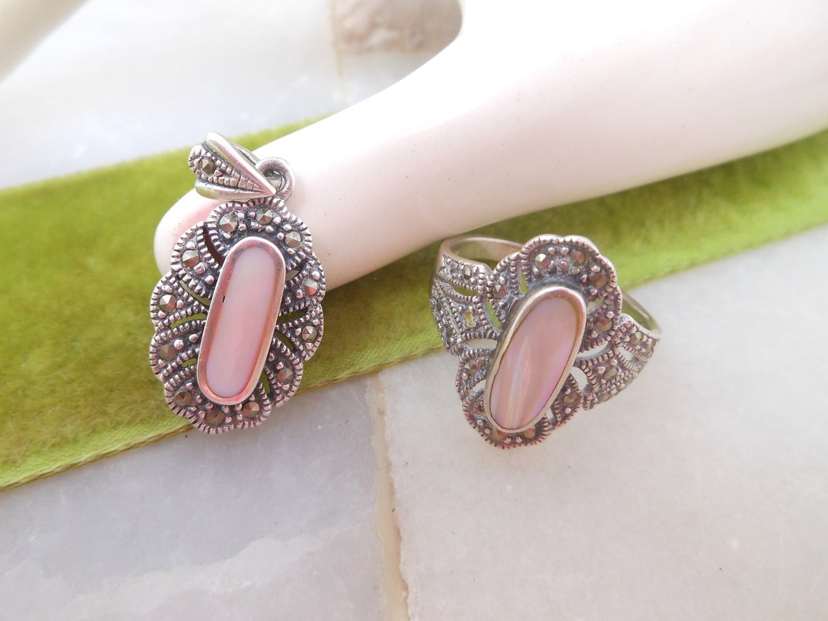 Vintage STERLING SILVER Marcasite Ring Pendant Blush Pink Mother of Pearl SET 925 Jewelry Gift Size 7, VivianJoel.com