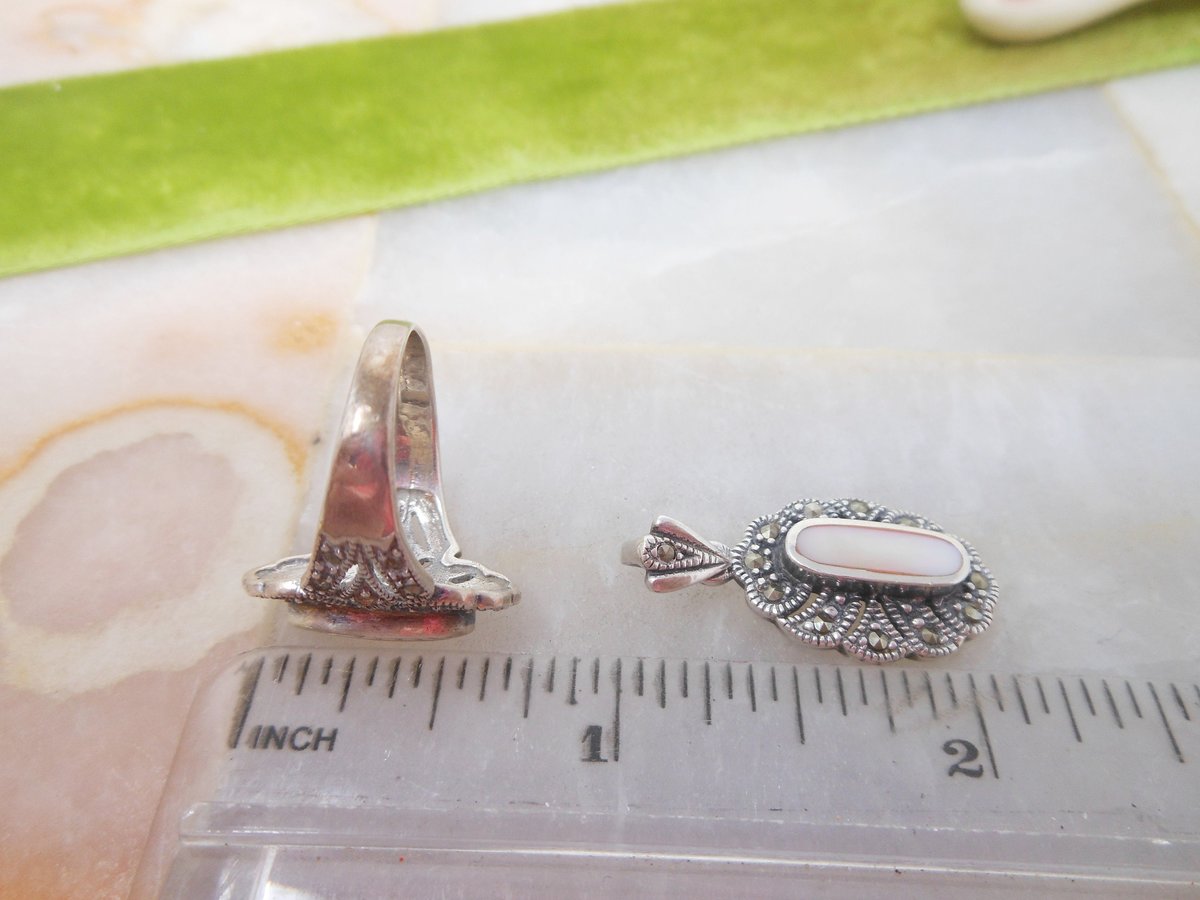 Vintage STERLING SILVER Marcasite Ring Pendant Blush Pink Mother of Pearl SET 925 Jewelry Gift Size 7, VivianJoel.com