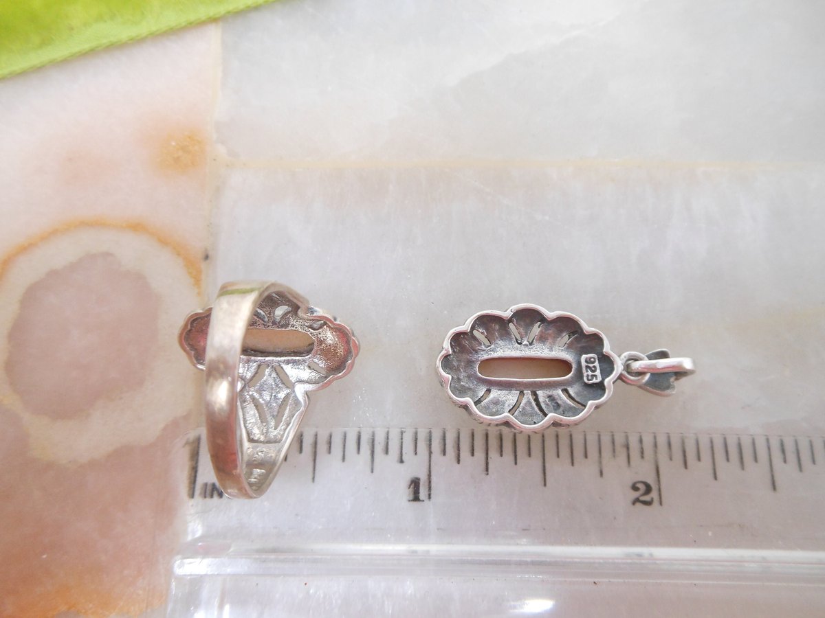 Vintage STERLING SILVER Marcasite Ring Pendant Blush Pink Mother of Pearl SET 925 Jewelry Gift Size 7, VivianJoel.com