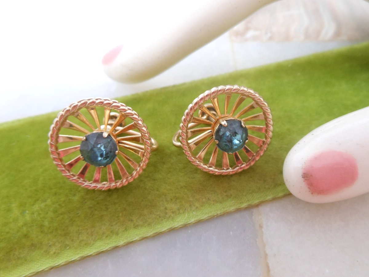 Vintage VAN DELL Earrings Gold Fill Screw Back Aquamarine Teal Crystal Blue GF Designer Mid Century Jewelry, VivianJoel.com