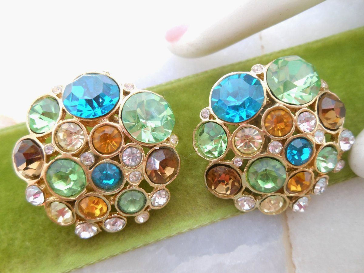 Vintage Jumbo Earrings Rhinestone Clip On Blue Green Crystal Fruit Salad Statement Jewelry Mid Century, VivianJoel.com