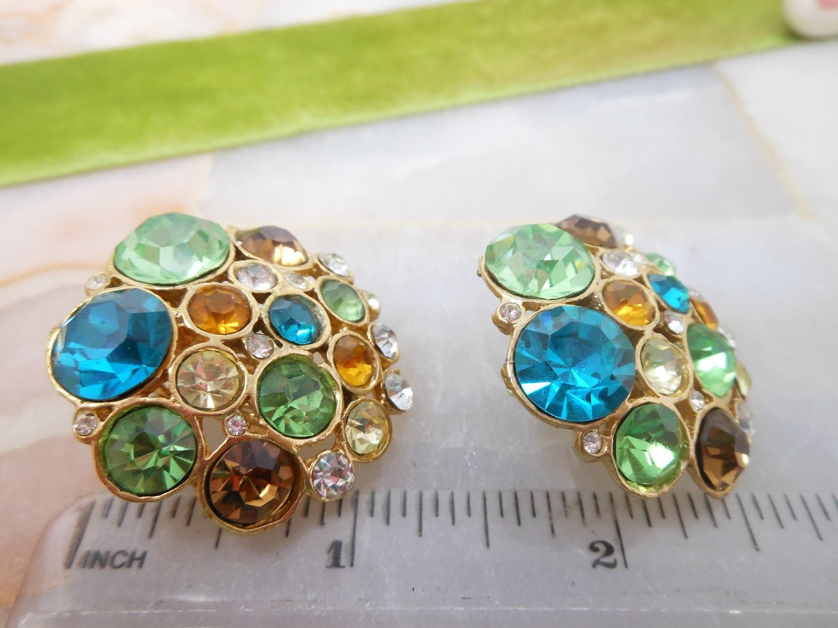 Vintage Jumbo Earrings Rhinestone Clip On Blue Green Crystal Fruit Salad Statement Jewelry Mid Century, VivianJoel.com