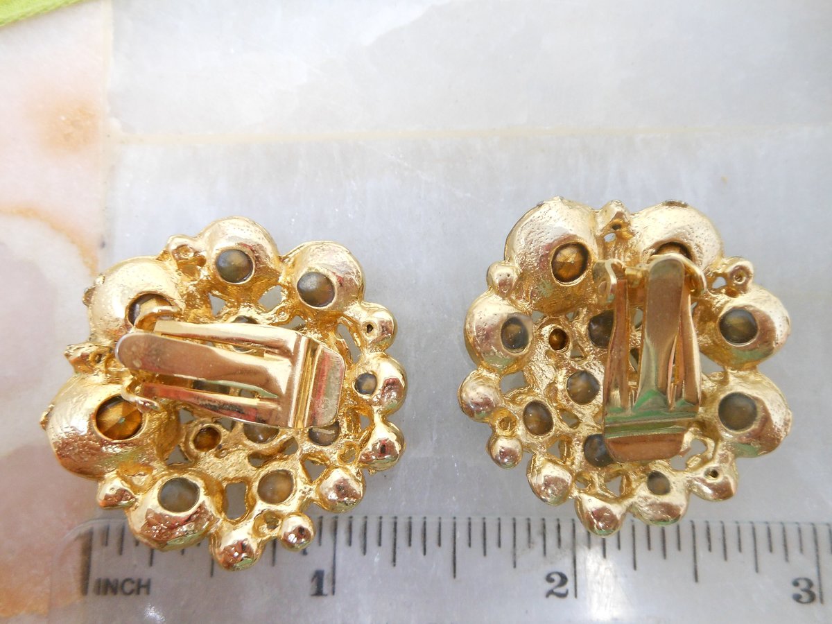 Vintage Jumbo Earrings Rhinestone Clip On Blue Green Crystal Fruit Salad Statement Jewelry Mid Century, VivianJoel.com