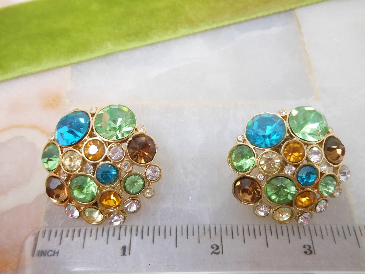 Vintage Jumbo Earrings Rhinestone Clip On Blue Green Crystal Fruit Salad Statement Jewelry Mid Century, VivianJoel.com