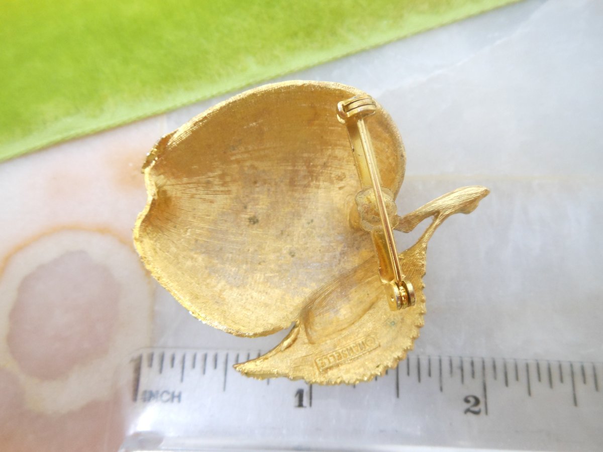 Vintage MAMSELLE Apple Fruit Brooch Butterfly Bee Bug Insect Figural Gold Tone Plate Designer Jewelry Mid Century, VivianJoel.com