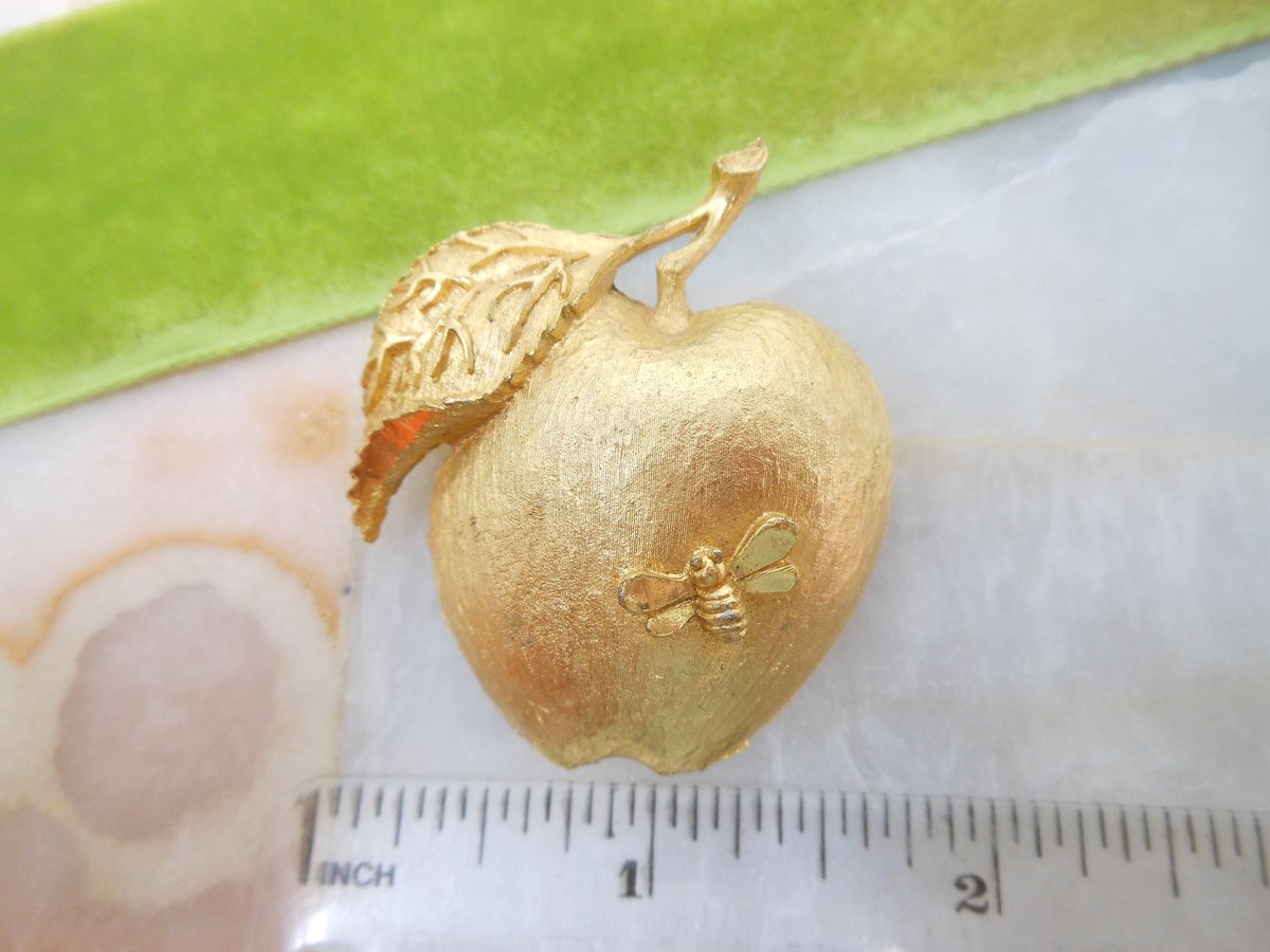 Vintage MAMSELLE Apple Fruit Brooch Butterfly Bee Bug Insect Figural Gold Tone Plate Designer Jewelry Mid Century, VivianJoel.com