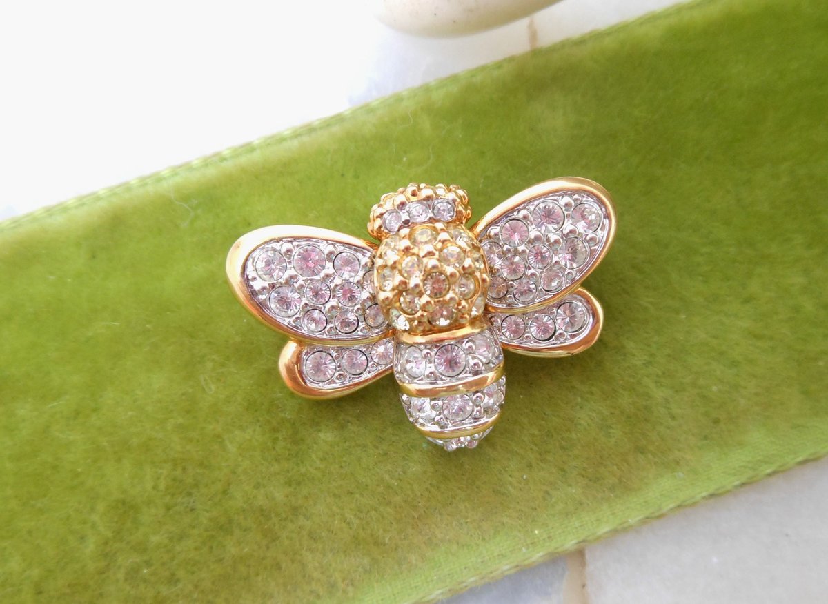 Vintage SWAROVSKI Crystal Brooch Bee Swan Logo Rhinestone Crystal Bug Insect Bumblebee Pin Crystal Petite Jewelry Gift, VivianJoel.com