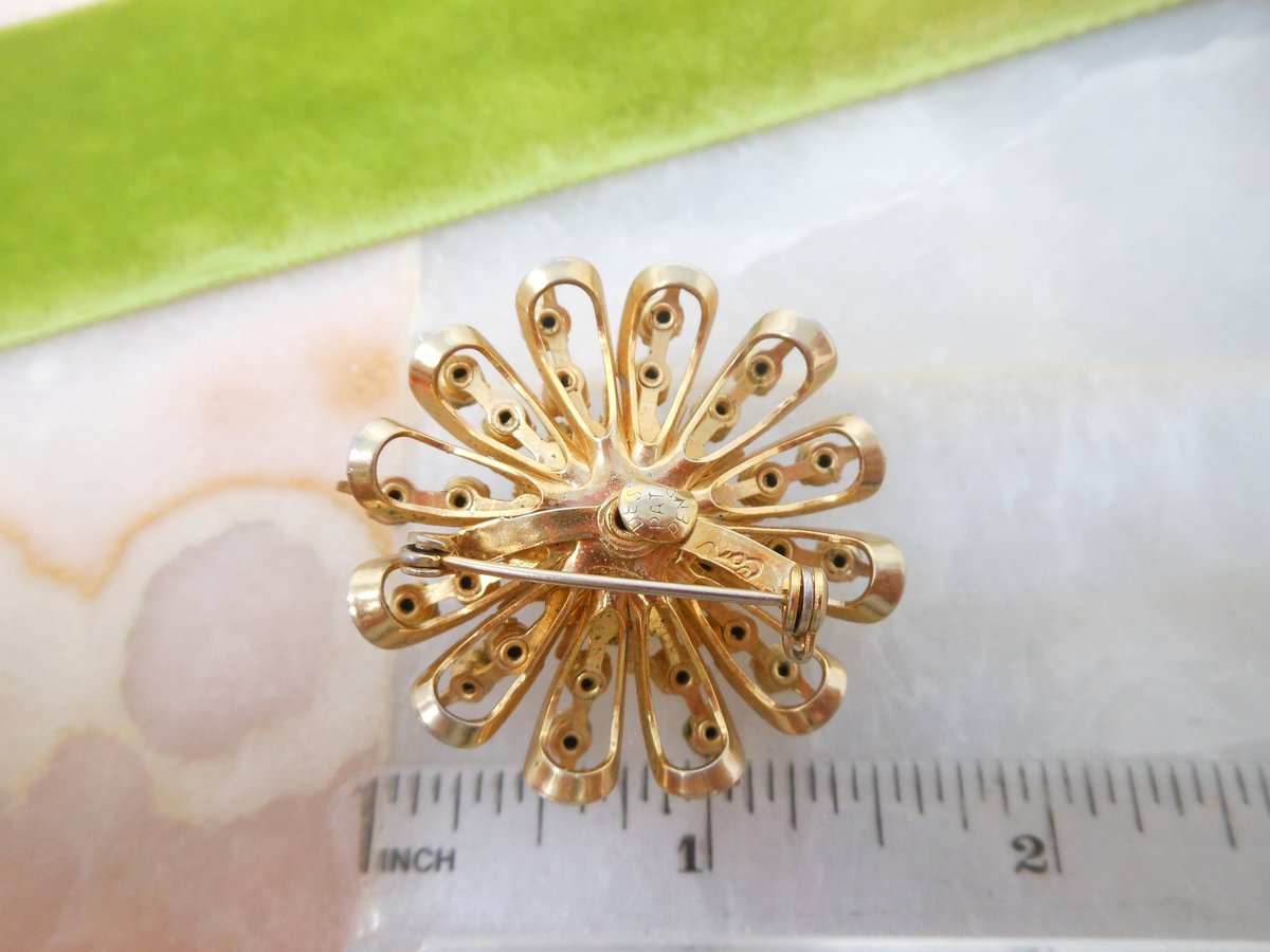Vintage CORO Pink Flower Brooch Rhinestone Red Crystal Pin Starburst Designer Jewelry Gift Mid Century, VivianJoel.com