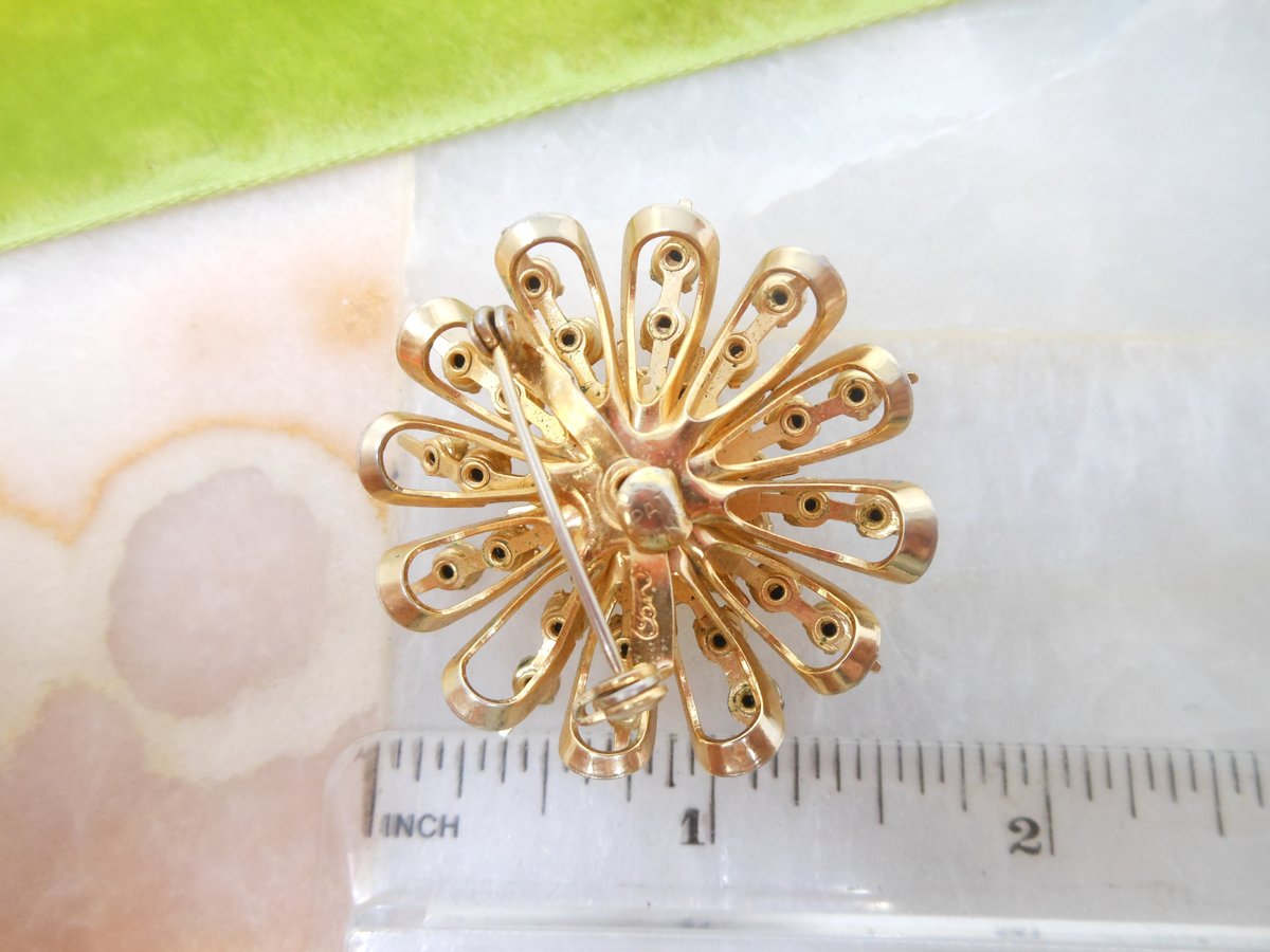 Vintage CORO Pink Flower Brooch Rhinestone Red Crystal Pin Starburst Designer Jewelry Gift Mid Century, VivianJoel.com