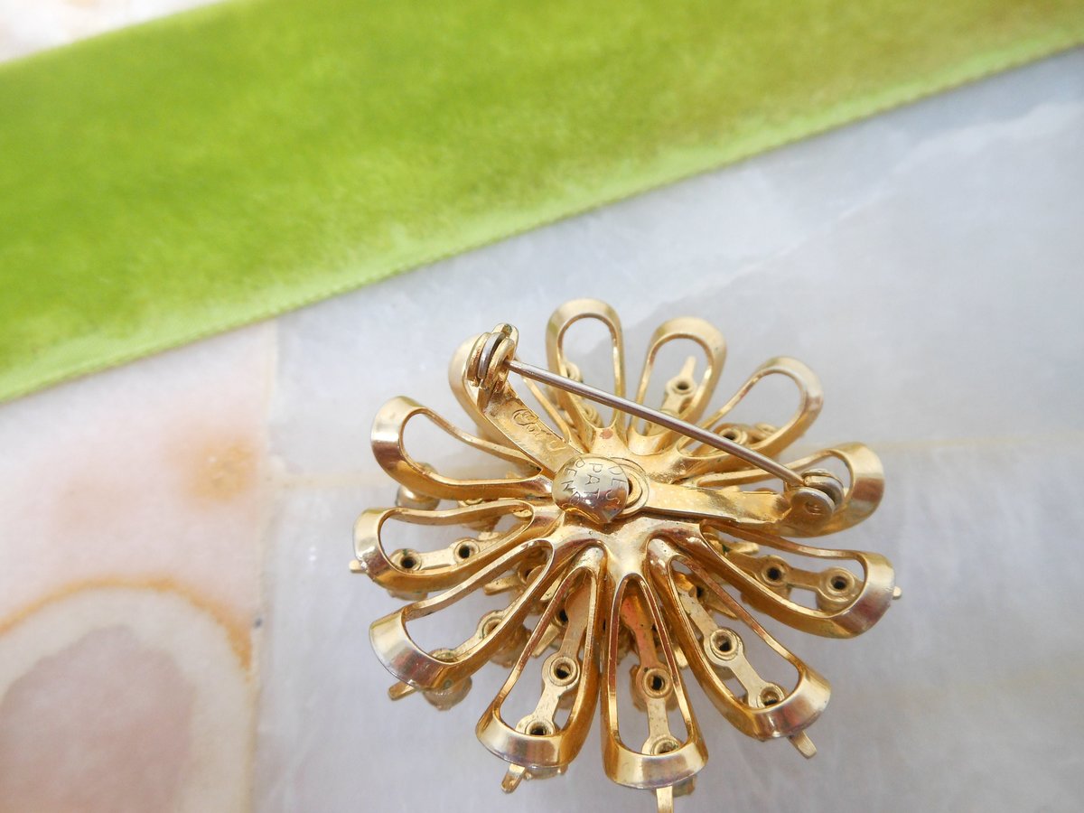 Vintage CORO Pink Flower Brooch Rhinestone Red Crystal Pin Starburst Designer Jewelry Gift Mid Century, VivianJoel.com