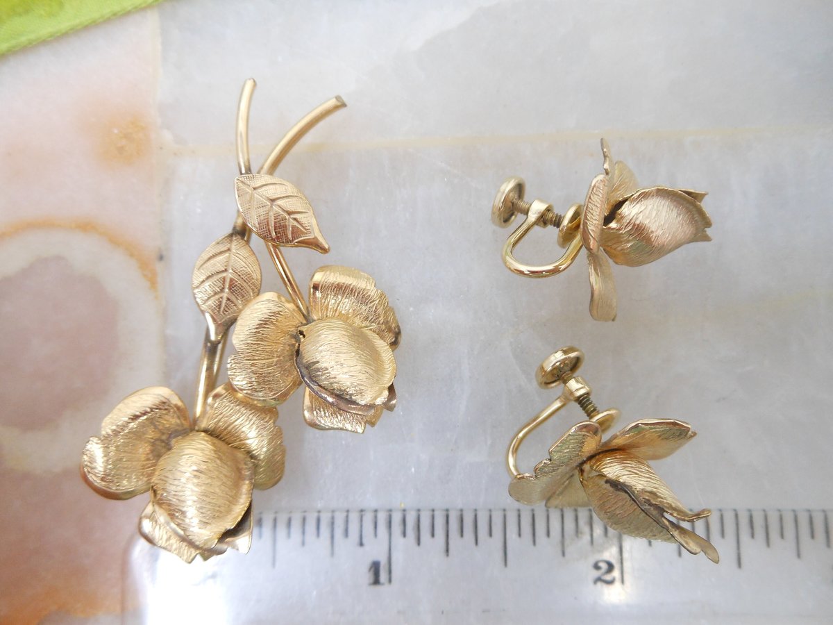 Vintage GOLD FILL Brooch Earrings Set Rosebud Pin Flower GF Demi Parure Designer Tk or Kt Mid Century Jewelry Gift, VivianJoel.com