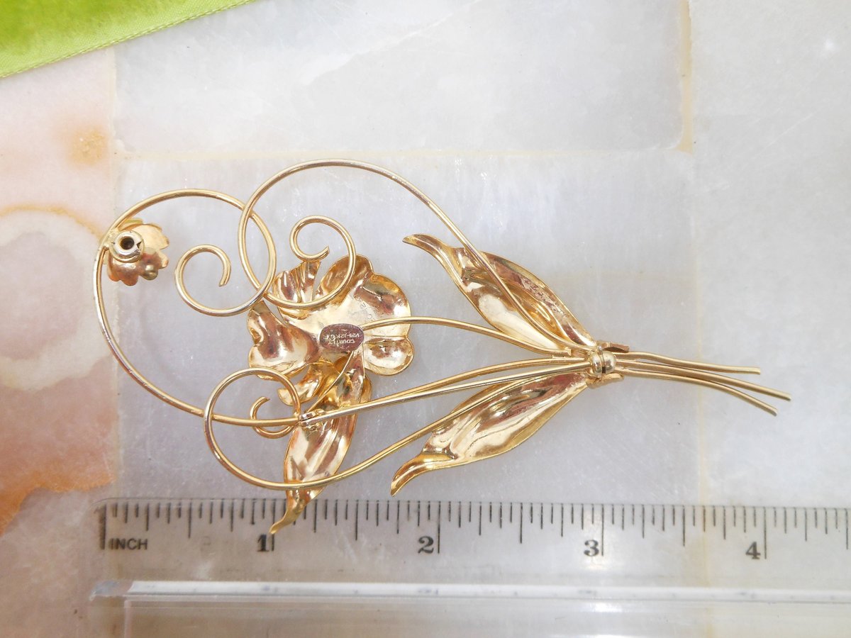 Vintage COURTLY Large Brooch Gold Fill Scrolling Flower Pin Topaz Rhinestone Elegant GF Mid Century Designer Jewelry Gift, VivianJoel.com