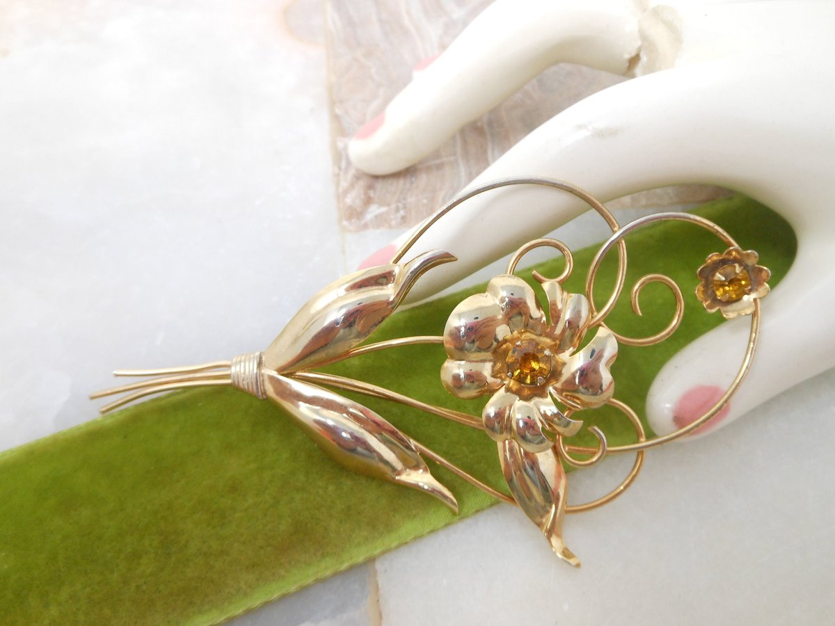 Vintage COURTLY Large Brooch Gold Fill Scrolling Flower Pin Topaz Rhinestone Elegant GF Mid Century Designer Jewelry Gift, VivianJoel.com