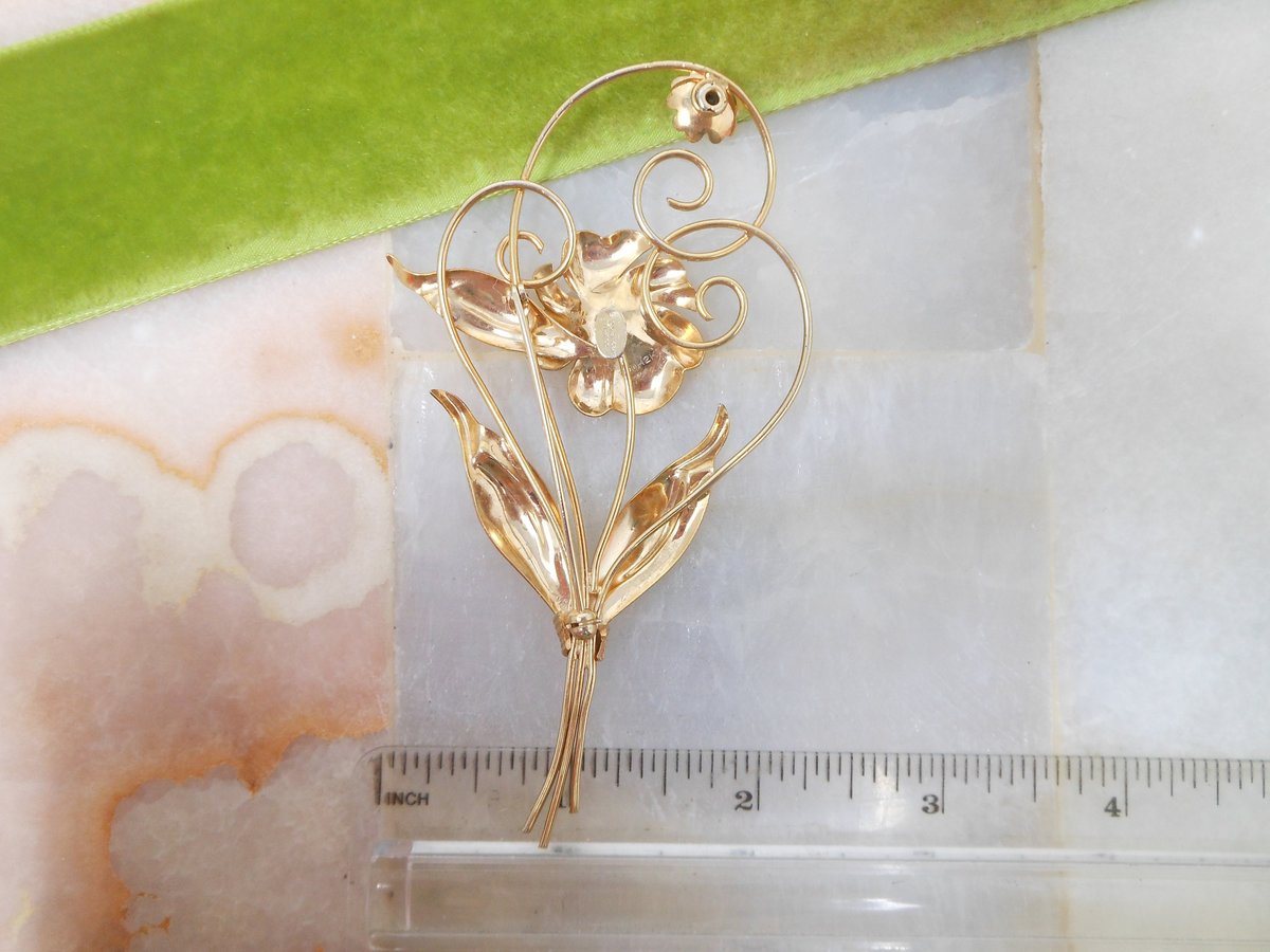 Vintage COURTLY Large Brooch Gold Fill Scrolling Flower Pin Topaz Rhinestone Elegant GF Mid Century Designer Jewelry Gift, VivianJoel.com