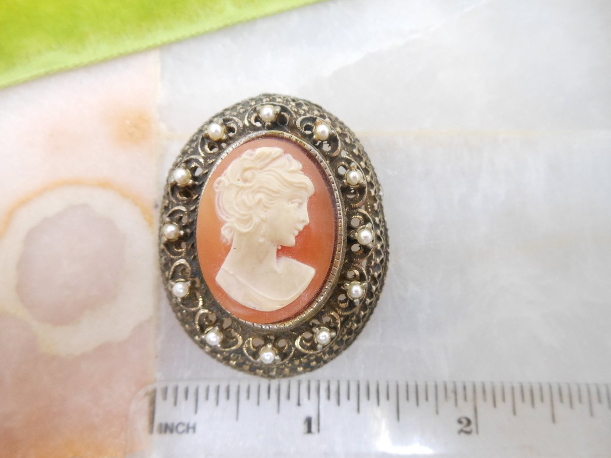 Vintage Cameo Brooch Ornate Pin Pendant Victorian Regency Renaissance Revival Jewelry Mid Century, VivianJoel.com