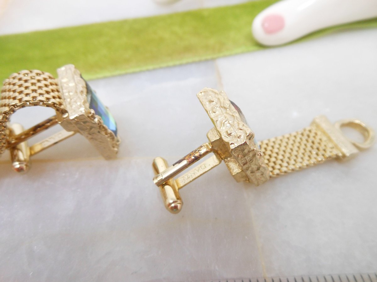 Vintage DANTE Watermelon Crystal Rainbow Prism Cufflinks Cuff Links Gold Plate Wrist Candy Mid Century Designer Gift,  VivianJoel.com