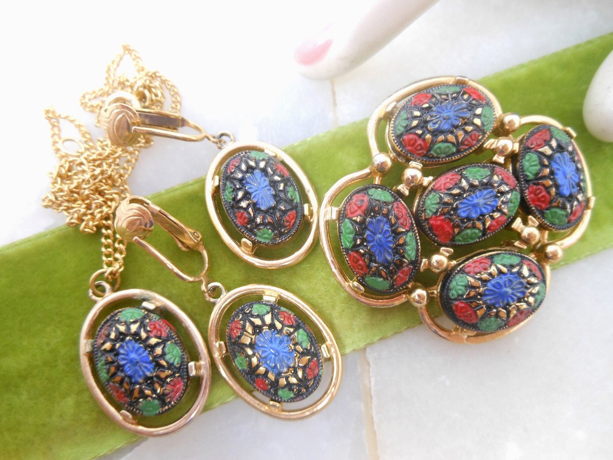 Vintage SARAH COVENTRY Designer Necklace Brooch Earrings SET Light of the East Faux Mosaic Glass Jewelry Gift Mid Century, VivianJoel.com