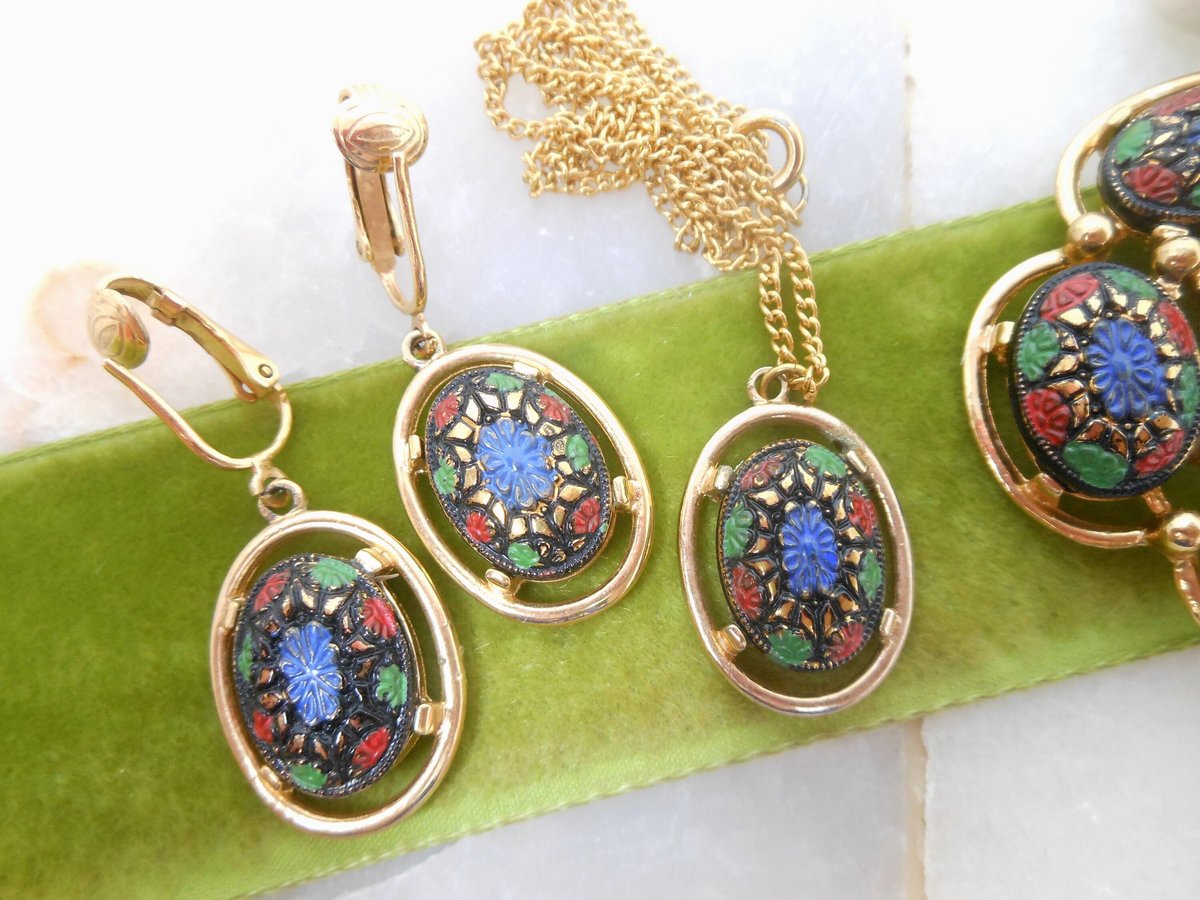 Vintage SARAH COVENTRY Designer Necklace Brooch Earrings SET Light of the East Faux Mosaic Glass Jewelry Gift Mid Century, VivianJoel.com