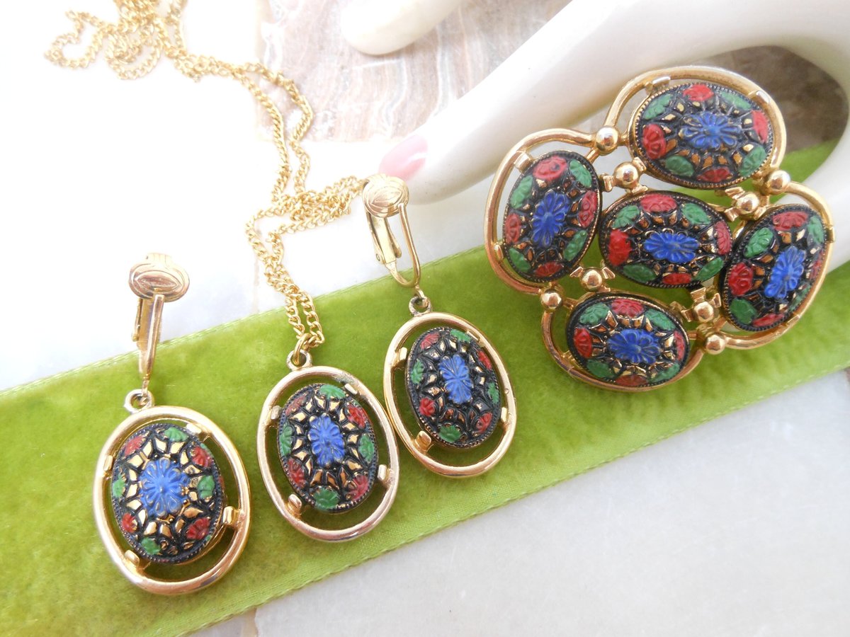 Vintage SARAH COVENTRY Designer Necklace Brooch Earrings SET Light of the East Faux Mosaic Glass Jewelry Gift Mid Century, VivianJoel.com