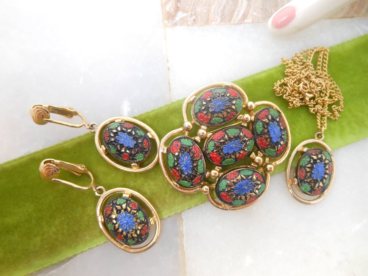 Vintage SARAH COVENTRY Designer Necklace Brooch Earrings SET Light of the East Faux Mosaic Glass Jewelry Gift Mid Century, VivianJoel.com