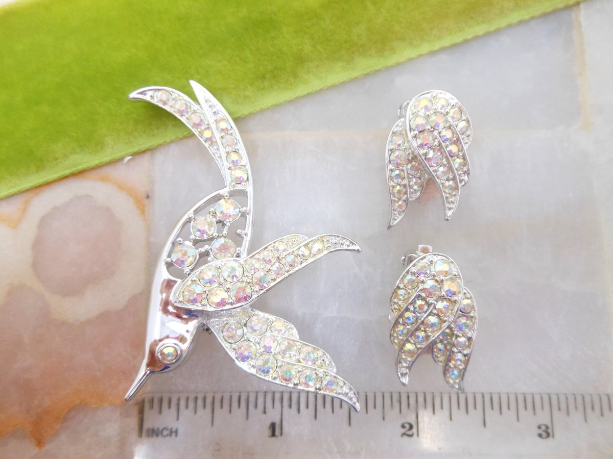 Vintage SARAH COVENTRY Bird of Paradise Brooch Earrings SET Crystal Rhinestone Aurora Borealis Designer Mid Century Jewelry, VivianJoel.com
