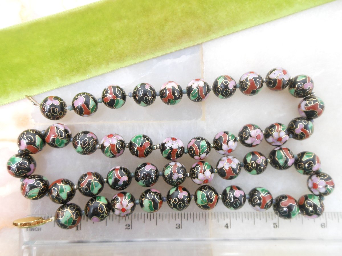 Vintage Cloisonne Necklace Black Bead Pink Flower 25" Floral Garden Glass Enamel Mid Century Jewelry Gift, VivianJoel.com