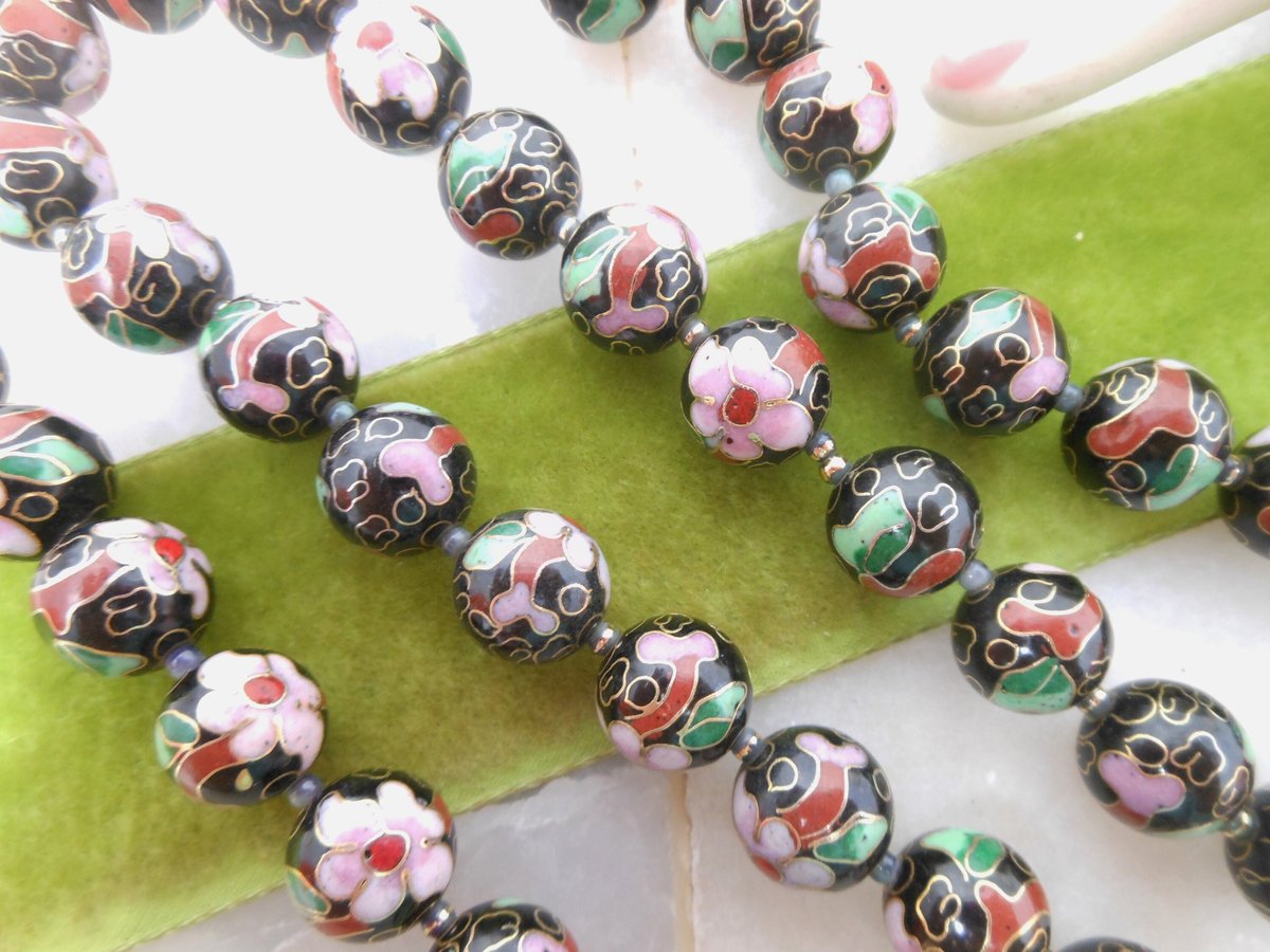 Vintage Cloisonne Necklace Black Bead Pink Flower 25" Floral Garden Glass Enamel Mid Century Jewelry Gift, VivianJoel.com