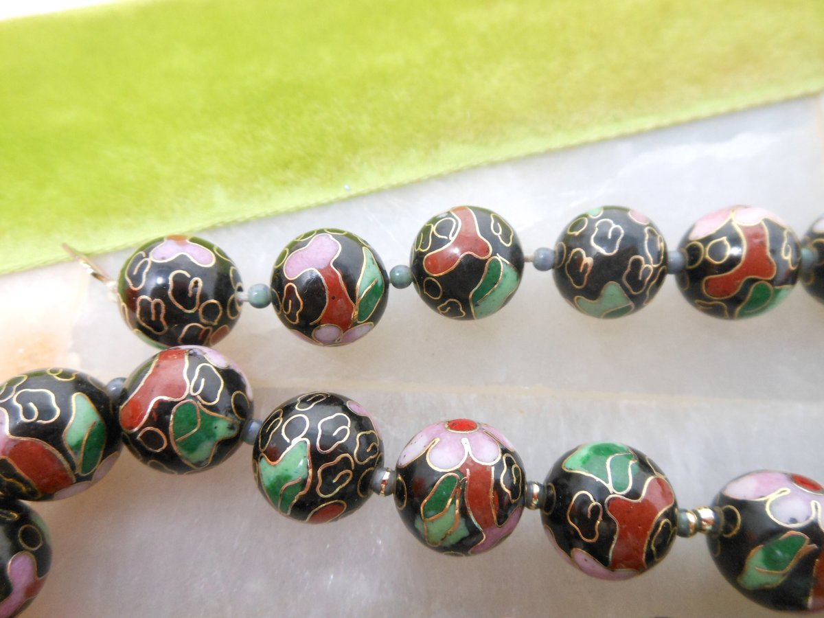 Vintage Cloisonne Necklace Black Bead Pink Flower 25" Floral Garden Glass Enamel Mid Century Jewelry Gift, VivianJoel.com
