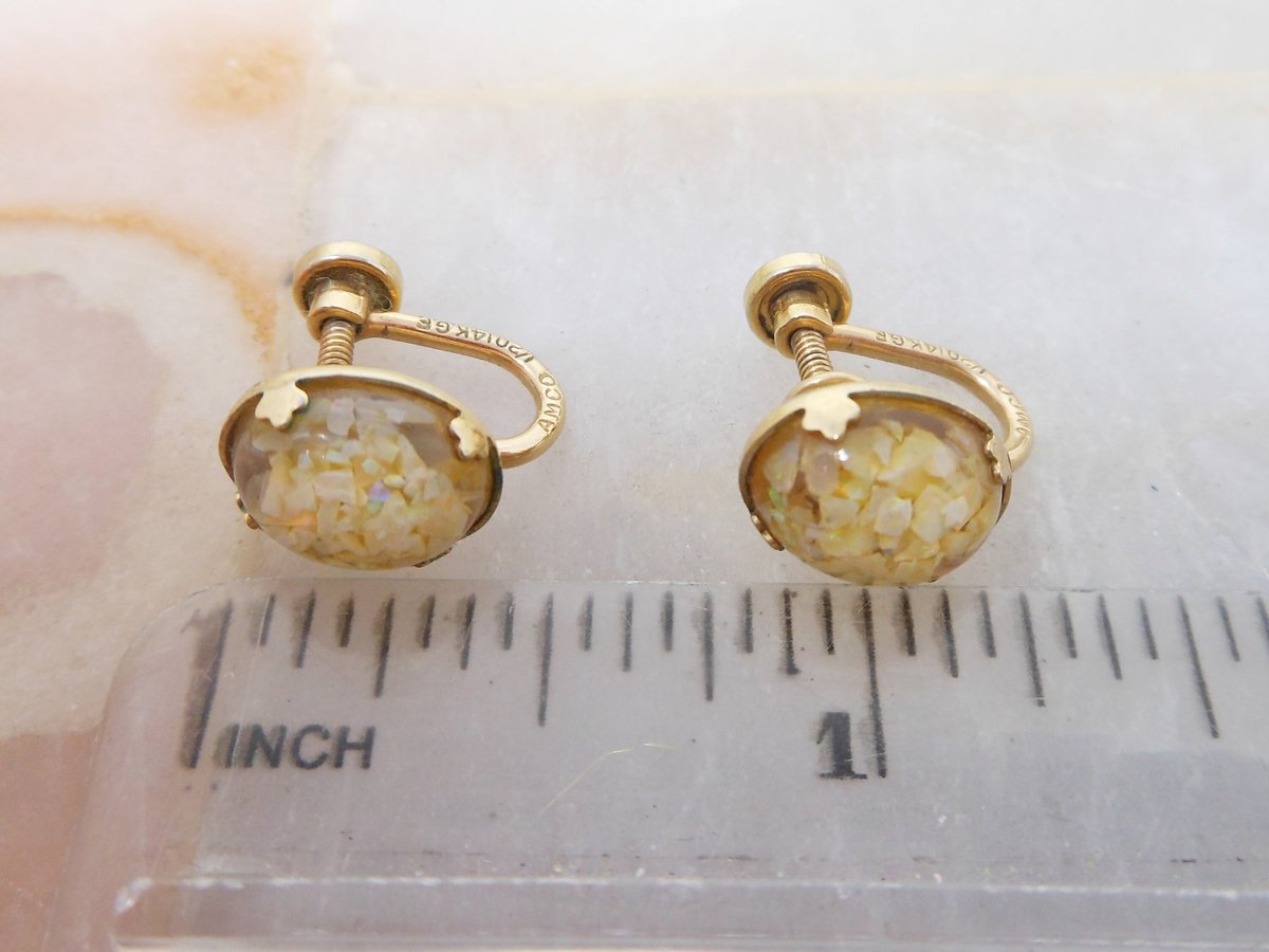 Vintage AMCO Floating Opal Earrings Glass Gold Fill GF Screw Back Victorian Revival Petite Designer Jewelry Mid Century Gift, VivianJoel.com