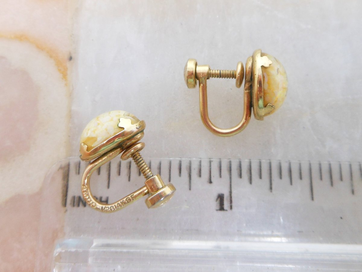Vintage AMCO Floating Opal Earrings Glass Gold Fill GF Screw Back Victorian Revival Petite Designer Jewelry Mid Century Gift, VivianJoel.com