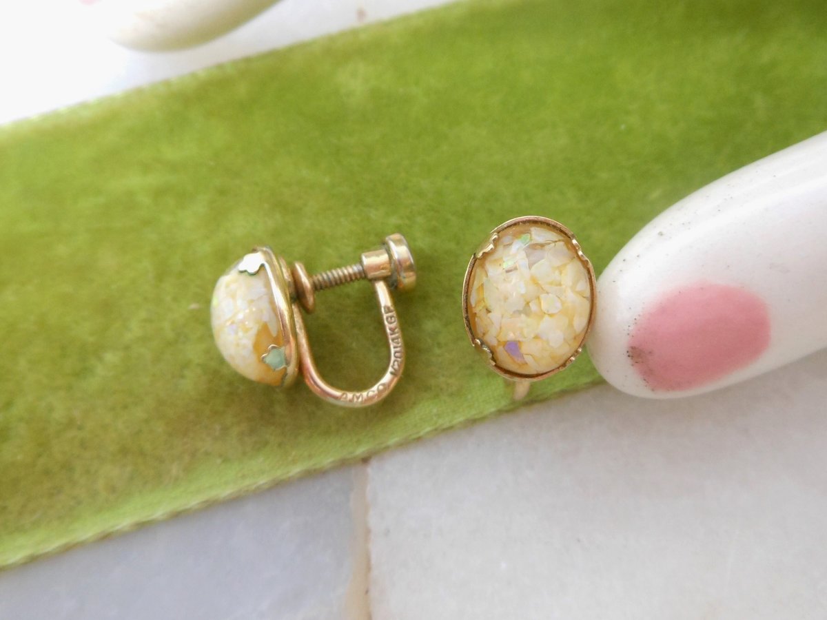 Vintage AMCO Floating Opal Earrings Glass Gold Fill GF Screw Back Victorian Revival Petite Designer Jewelry Mid Century Gift, VivianJoel.com
