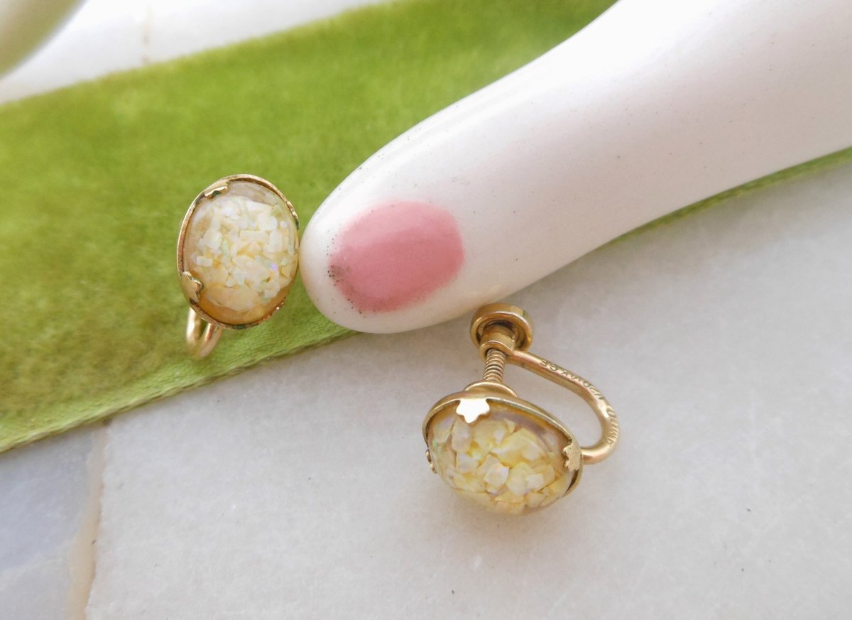 Vintage AMCO Floating Opal Earrings Glass Gold Fill GF Screw Back Victorian Revival Petite Designer Jewelry Mid Century Gift, VivianJoel.com