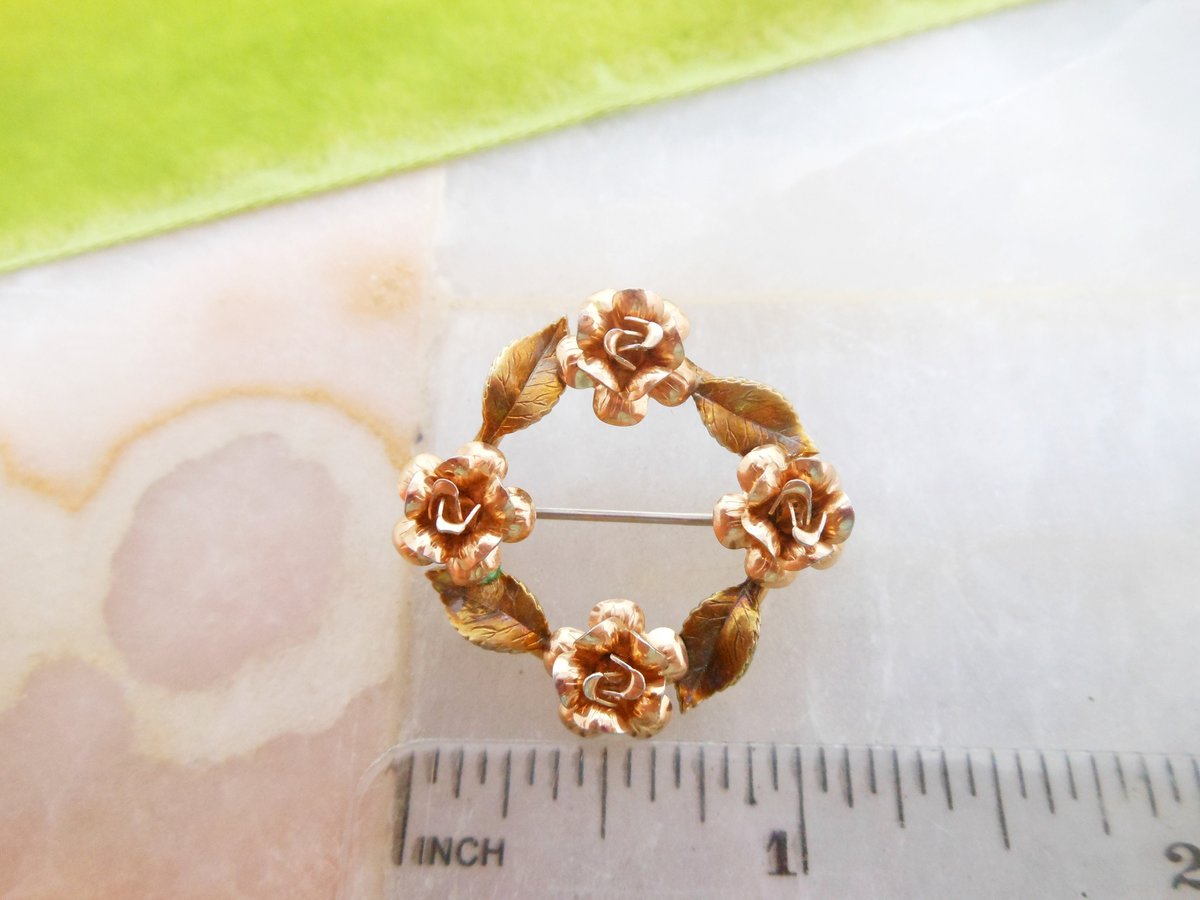 Vintage KREMENTZ Rose Brooch Flower Wreath Pin Designer Gold Overlay Petite Jewelry Mid Century Gift, VivianJoel.com