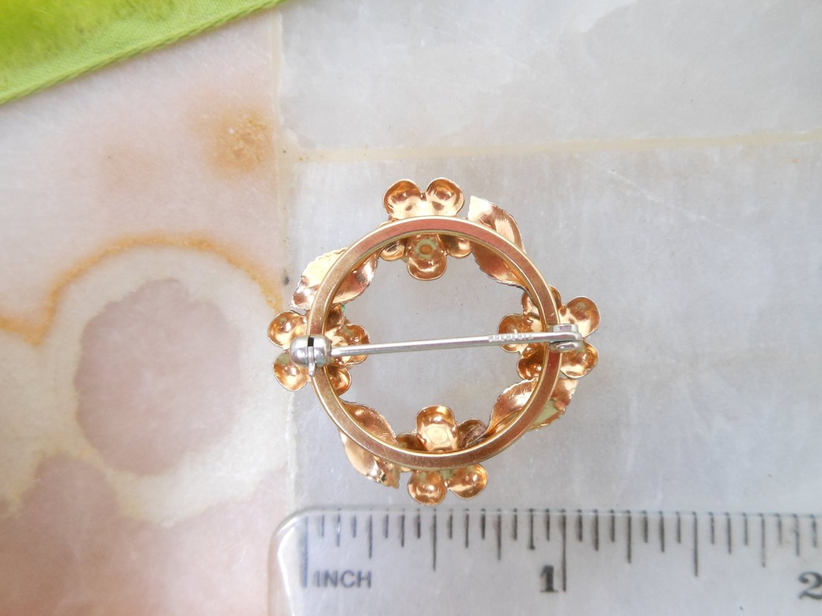 Vintage KREMENTZ Rose Brooch Flower Wreath Pin Designer Gold Overlay Petite Jewelry Mid Century Gift, VivianJoel.com