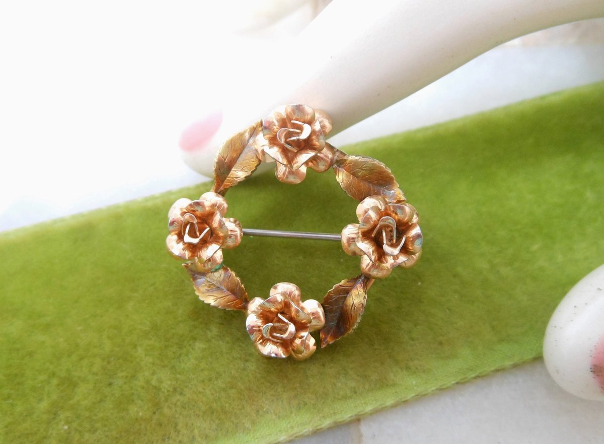 Vintage KREMENTZ Rose Brooch Flower Wreath Pin Designer Gold Overlay Petite Jewelry Mid Century Gift, VivianJoel.com