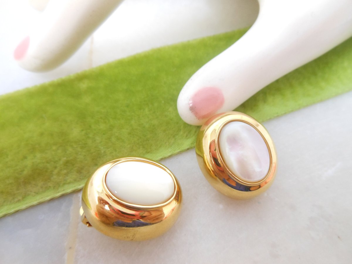 Vintage St JOHN Earrings Designer Mother of Pearl Runway Classic Timeless Mogul Clip On Jewelry Gift, VivianJoel.com
