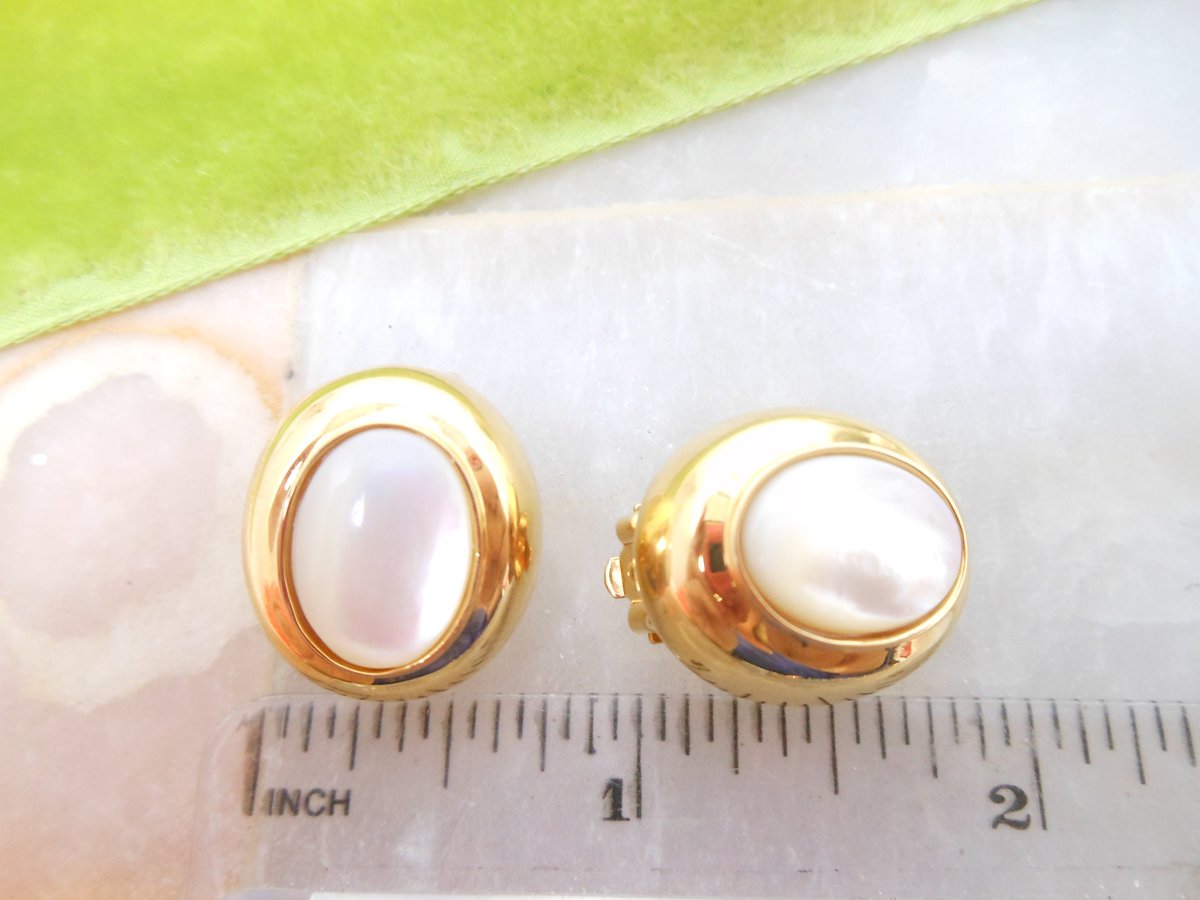 Vintage St JOHN Earrings Designer Mother of Pearl Runway Classic Timeless Mogul Clip On Jewelry Gift, VivianJoel.com