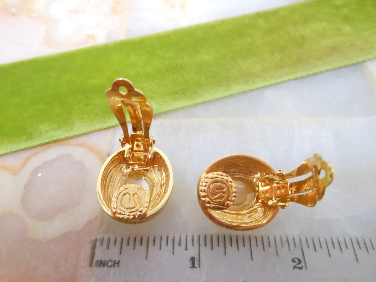 Vintage St JOHN Earrings Designer Mother of Pearl Runway Classic Timeless Mogul Clip On Jewelry Gift, VivianJoel.com