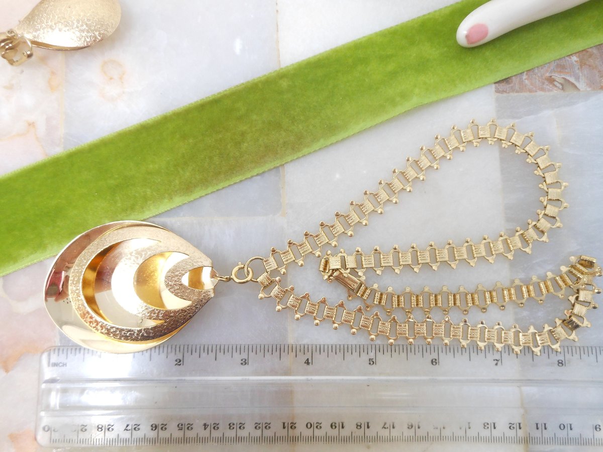 Vintage SARAH COVENTRY Necklace SET Huge Pendant Statement Dangle Earrings Designer Book Chain Mid Century Jewelry, VivianJoel.com