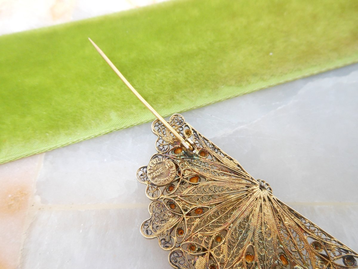 Vintage Portugal STERLING SILVER Brooch Filigree Fan Pin Spun Cannetille Antique Mid Century Jewelry Gift, VivianJoel.com