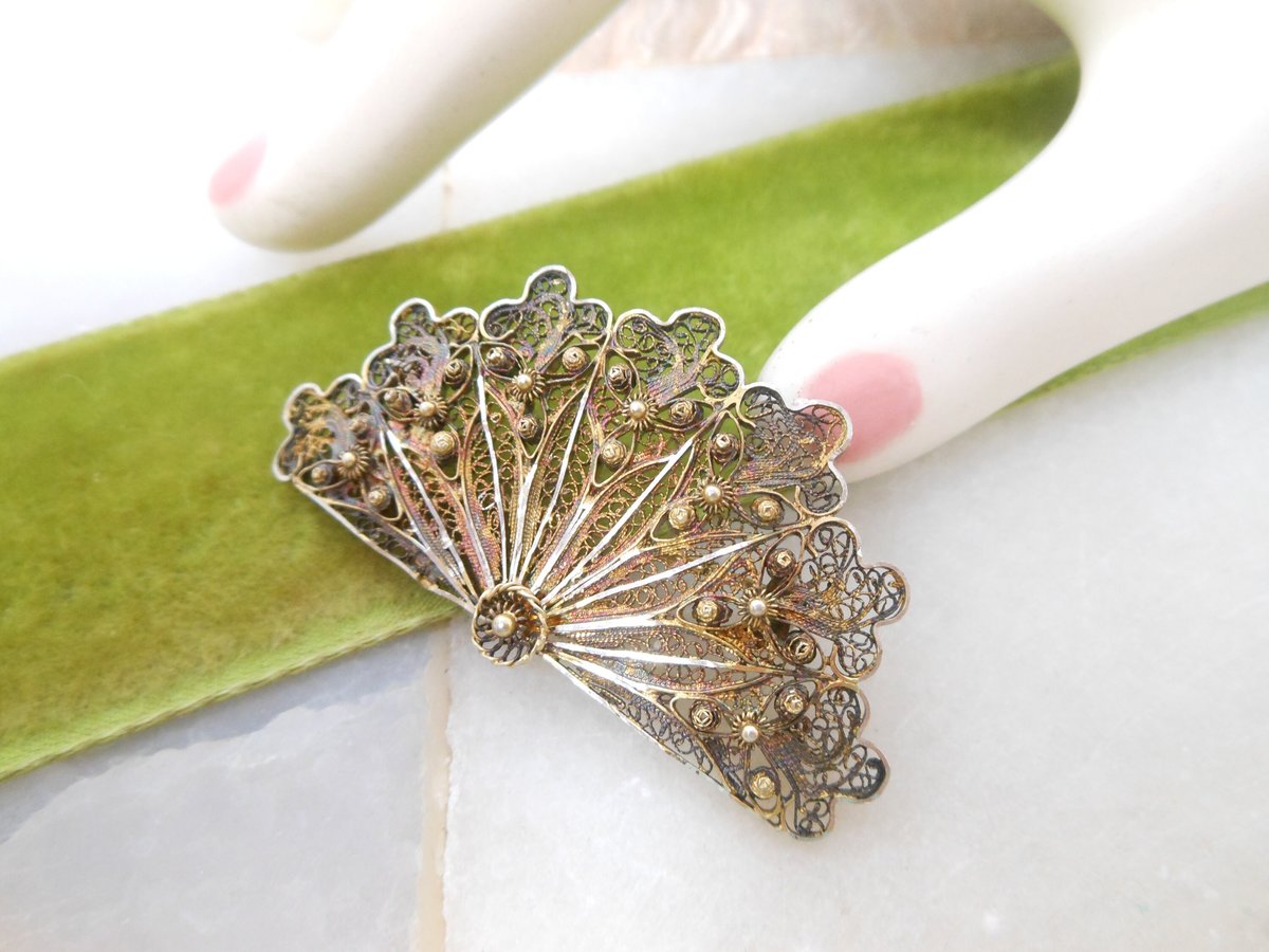 Vintage Portugal STERLING SILVER Brooch Filigree Fan Pin Spun Cannetille Antique Mid Century Jewelry Gift, VivianJoel.com