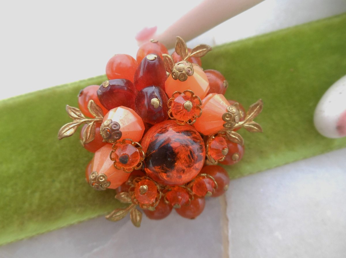 Vintage WEST GERMANY Bead Pin Cluster Brooch Pumpkin Orange Flower Jewelry Gift Mid Century, VivianJoel.com