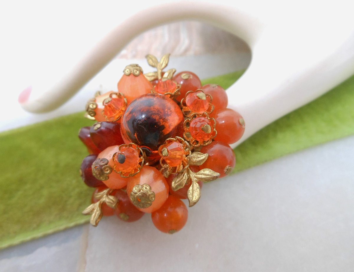 Vintage WEST GERMANY Bead Pin Cluster Brooch Pumpkin Orange Flower Jewelry Gift Mid Century, VivianJoel.com