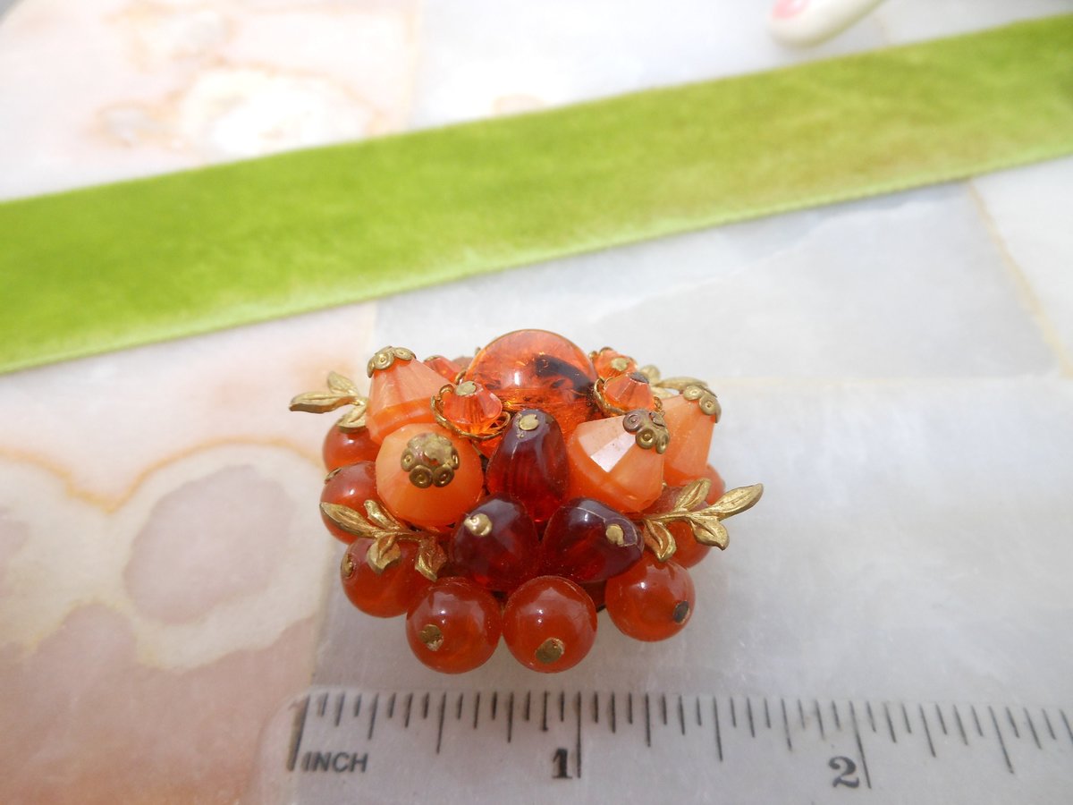 Vintage WEST GERMANY Bead Pin Cluster Brooch Pumpkin Orange Flower Jewelry Gift Mid Century, VivianJoel.com